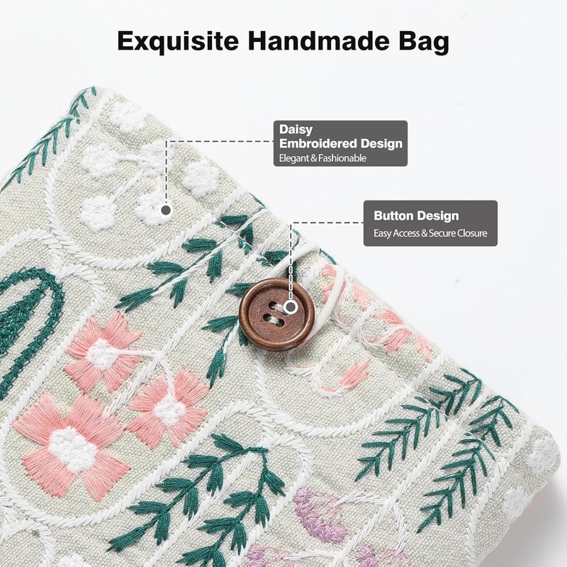 MoKo 6-7" Embroidered Daisy Padded Sleeve Pouch for Fire 7 2022, 7" Kindle Colorsoft Signature Edition 2024, Kindle 11/10/8 Gen, Paperwhite 11th/10th Gen, Pouch for Voyage/Kobo eReader, Beige Plants - Image 4